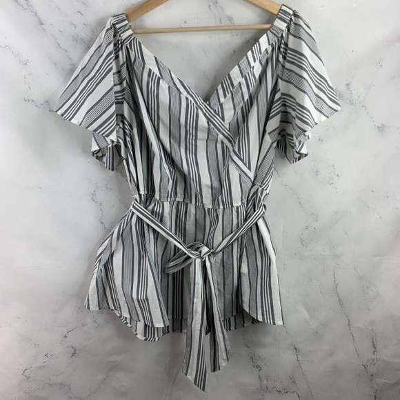 Lane Bryant Shirt Blouse sz 20 GRAY White Striped Stretchy  Off Shoulder Top Tie - Picture 1 of 13